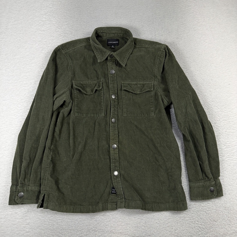 Lucky Brand Corduroy Shacket Med Olive Green Snap Down Long Sleeve Chest Pockets